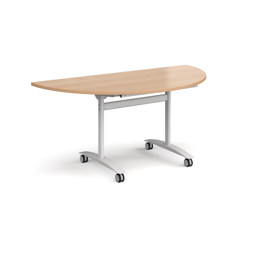 A semi-circular folding table with a wood-effect top and a white metal frame on castors, shown on a plain white background.