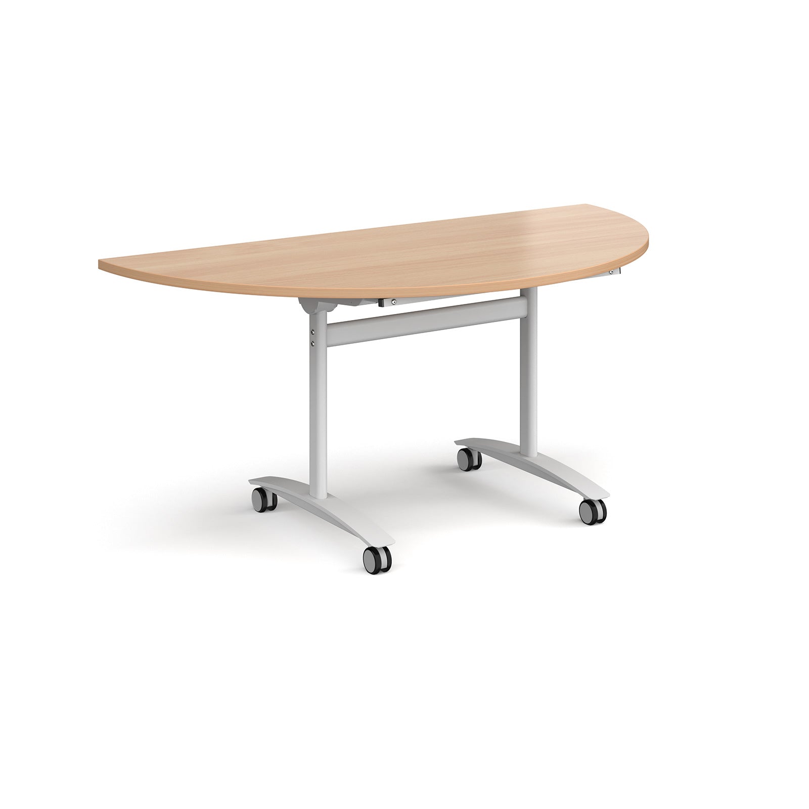 A semi-circular folding table with a wood-effect top and a white metal frame on castors, shown on a plain white background.