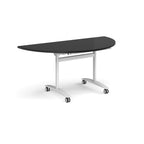 A semi-circular folding table with a black top and a white metal frame on castors, shown on a plain white background.