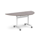 A semi-circular folding table with a grey wood-effect top and a white metal frame on castors, shown on a plain white background.