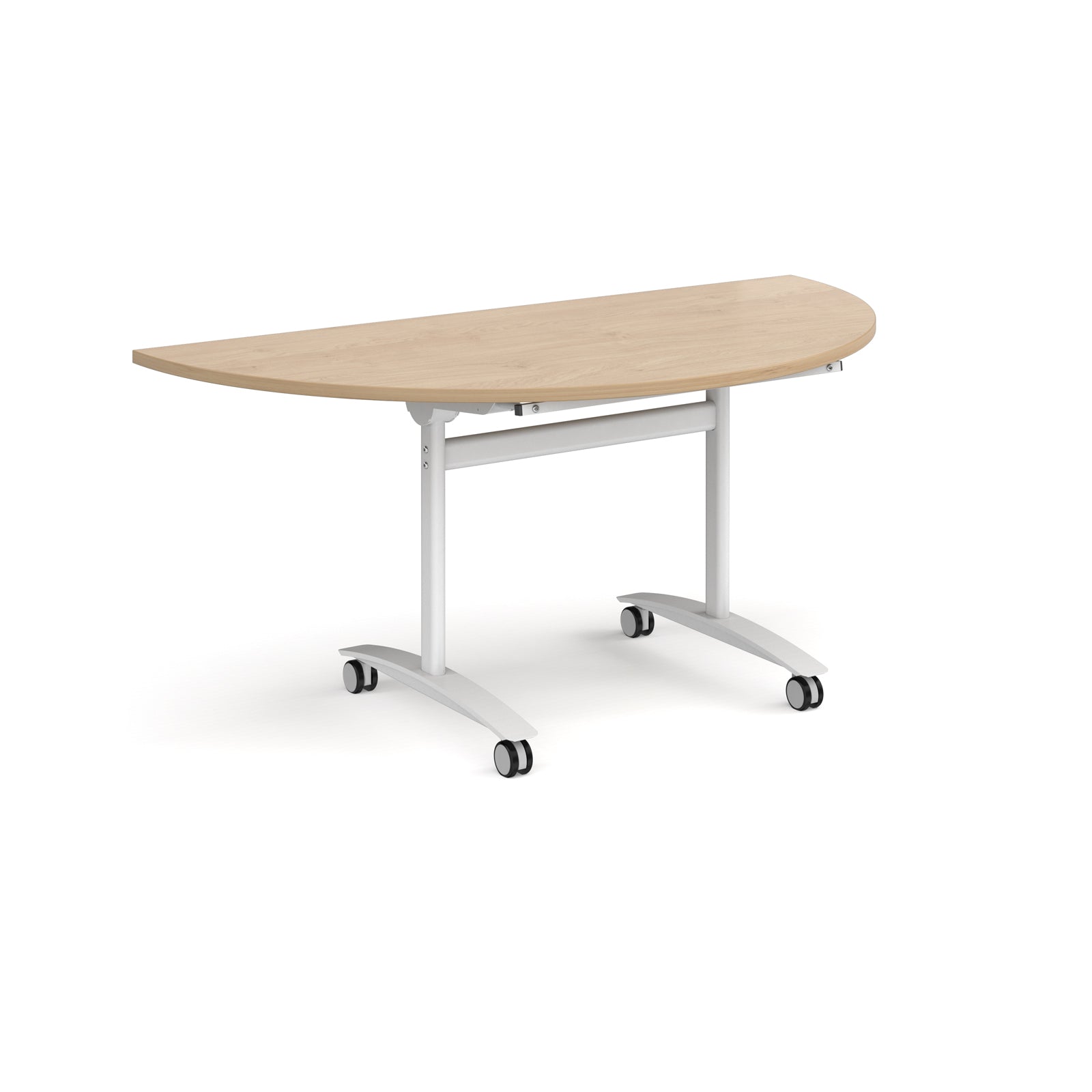 A semi-circular folding table with a wood-effect top and a white metal frame on castors, shown on a plain white background.