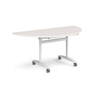 A semi-circular folding table with a light grey top and a white metal frame on castors, shown on a plain white background.