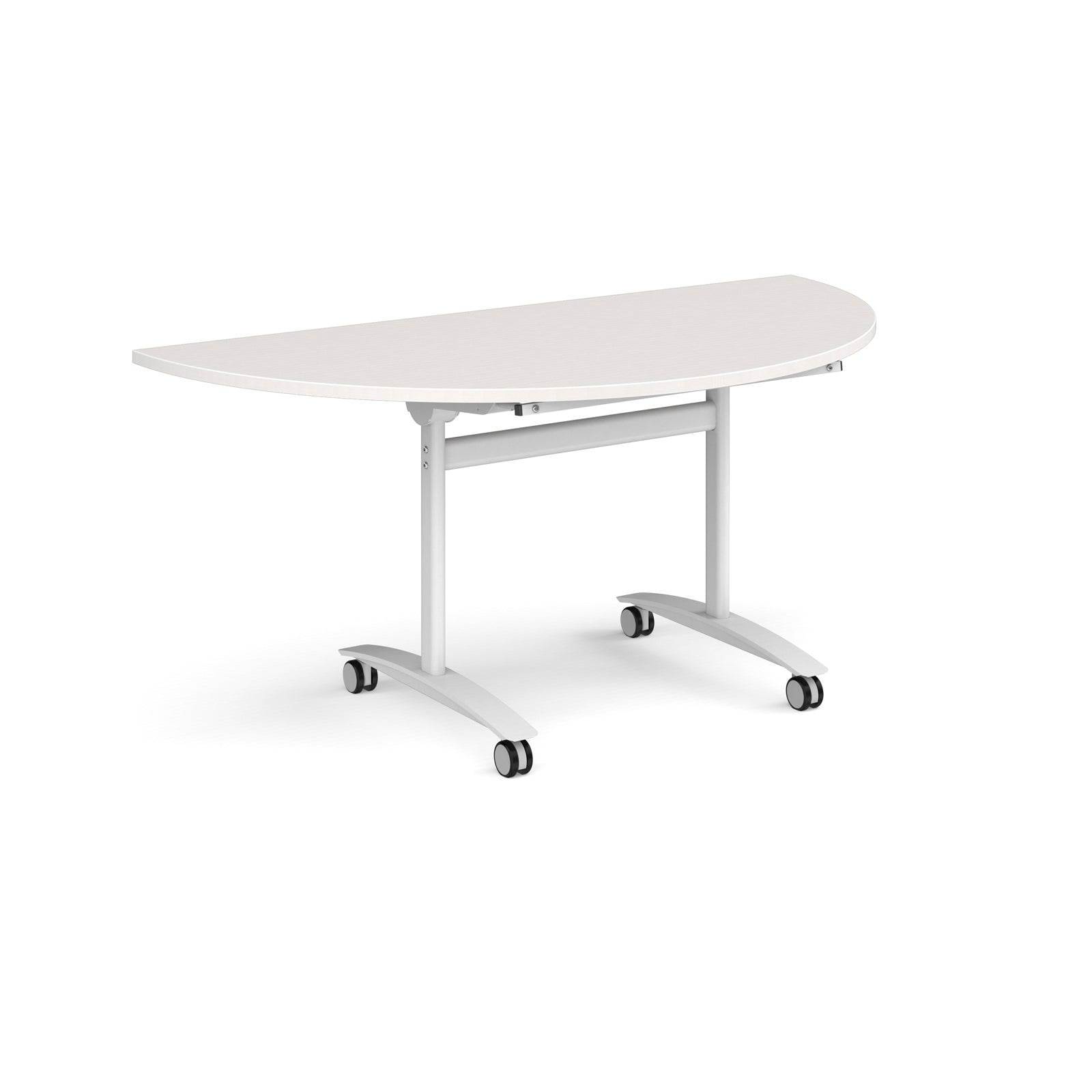 A semi-circular folding table with a light grey top and a white metal frame on castors, shown on a plain white background.