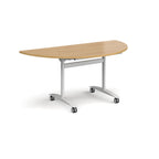 A semi-circular folding table with a wood-effect top and a white metal frame on castors, shown on a plain white background.