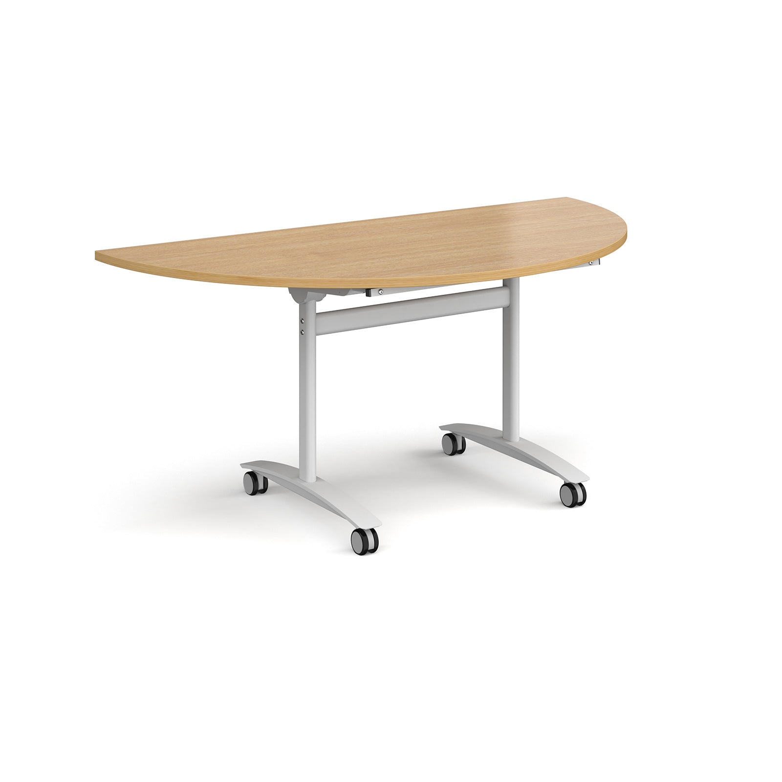 A semi-circular folding table with a wood-effect top and a white metal frame on castors, shown on a plain white background.