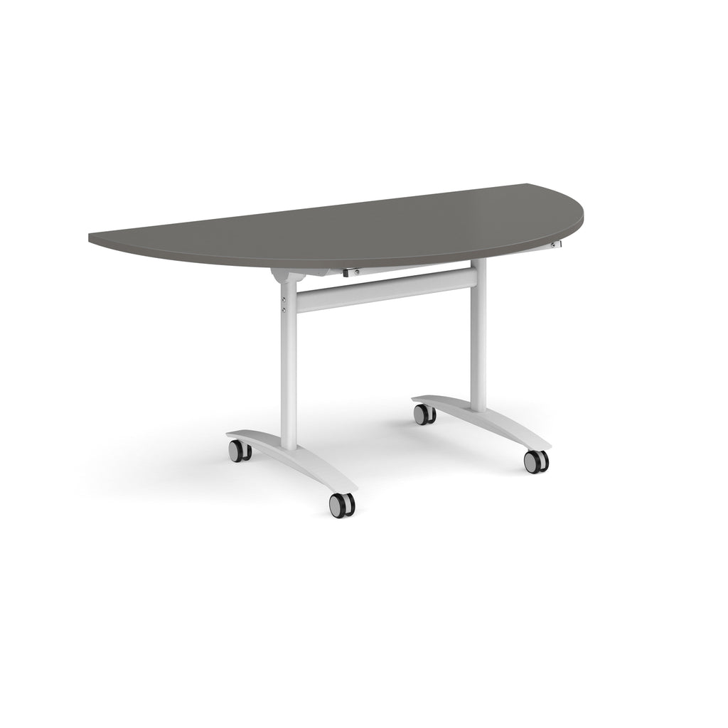 A semi-circular folding table with a grey top and a white metal frame on castors, shown on a plain white background.