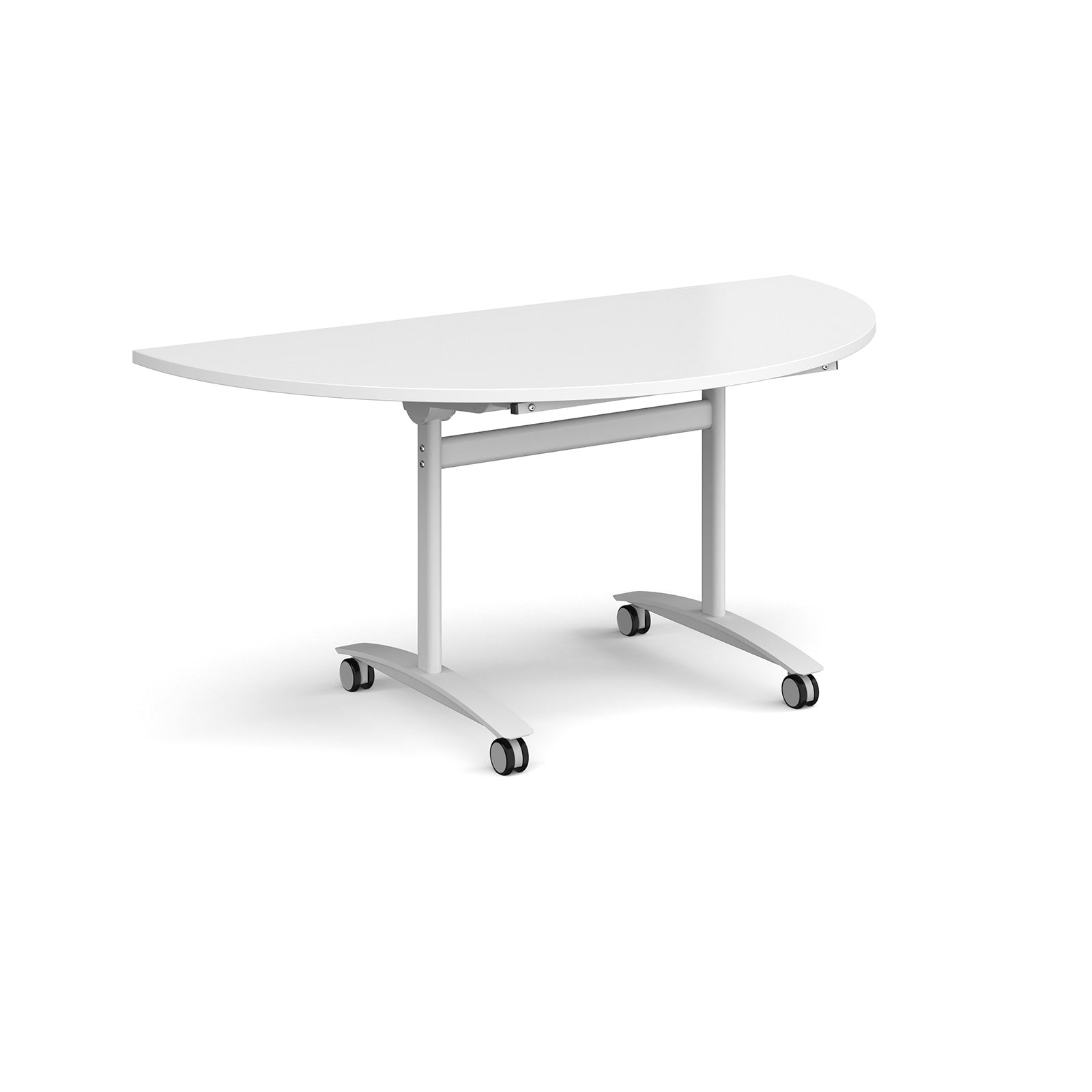White semi-circular folding table with metal frame on castors, shown on a plain white background.
