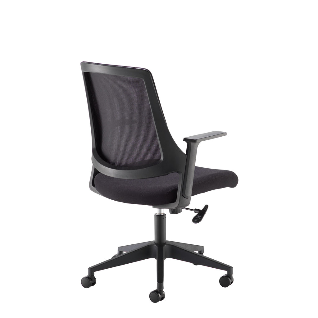 Black office chair with mesh back on a white background