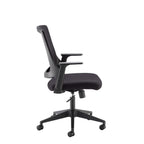 Black office chair with mesh back on a white background