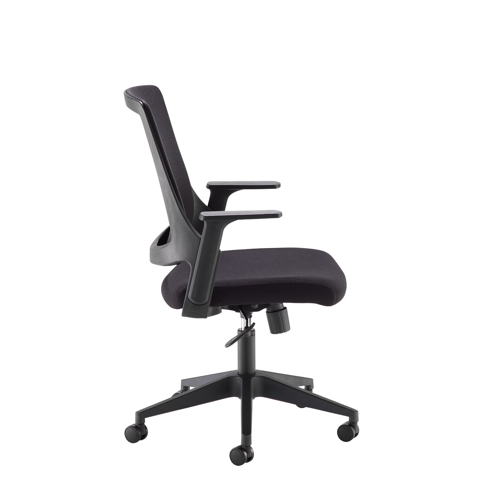Black office chair with mesh back on a white background