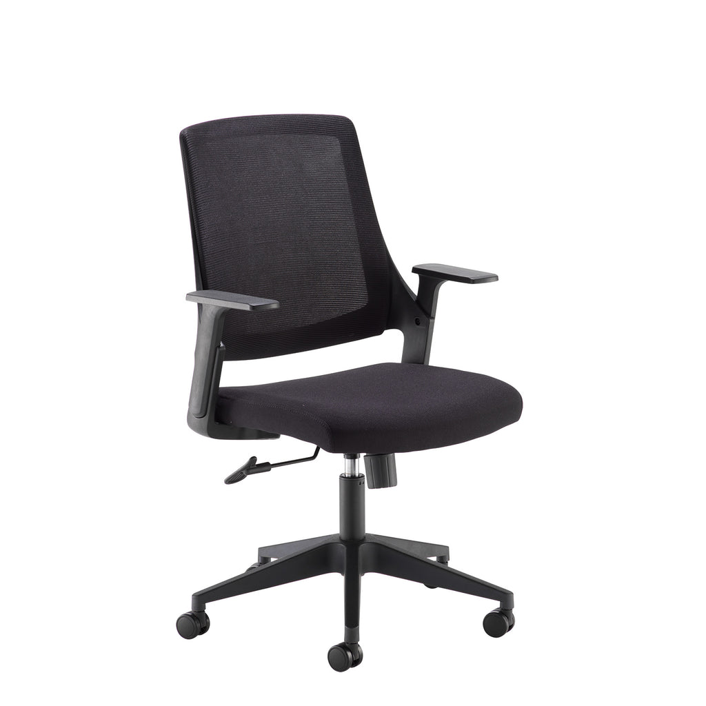 Black office chair with mesh back on a white background