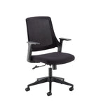 Black office chair with mesh back on a white background