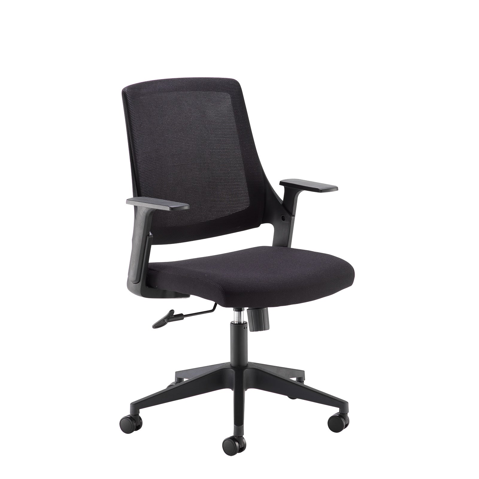 Black office chair with mesh back on a white background