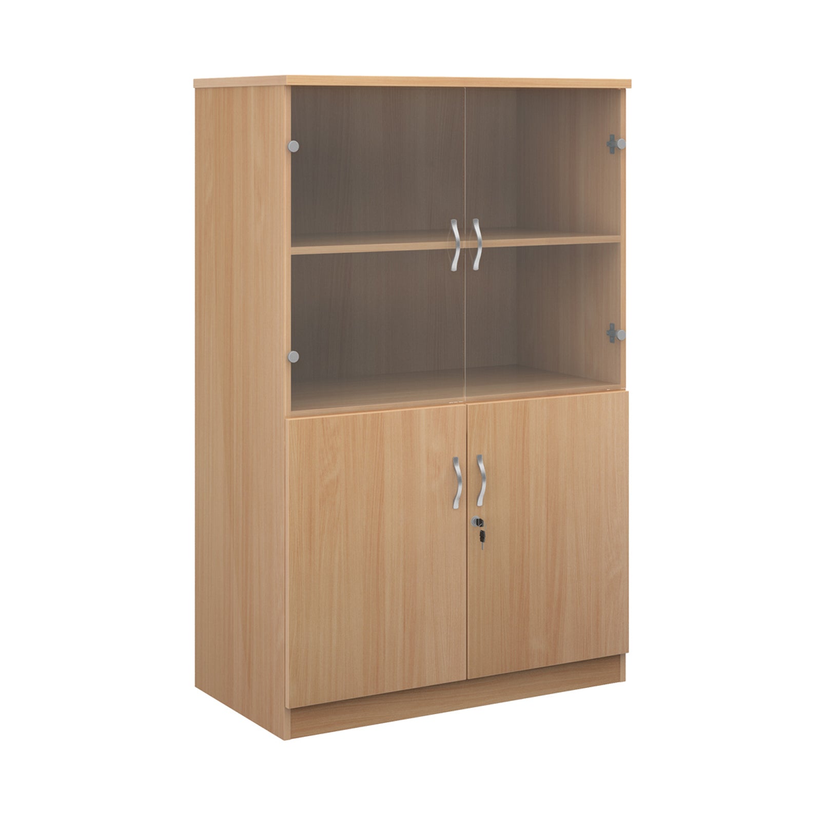 Beech wood grain office bookcase with two lower cabinet doors, one open upper shelf, and two small wall-mount hooks on the back panel, shown on a white background.