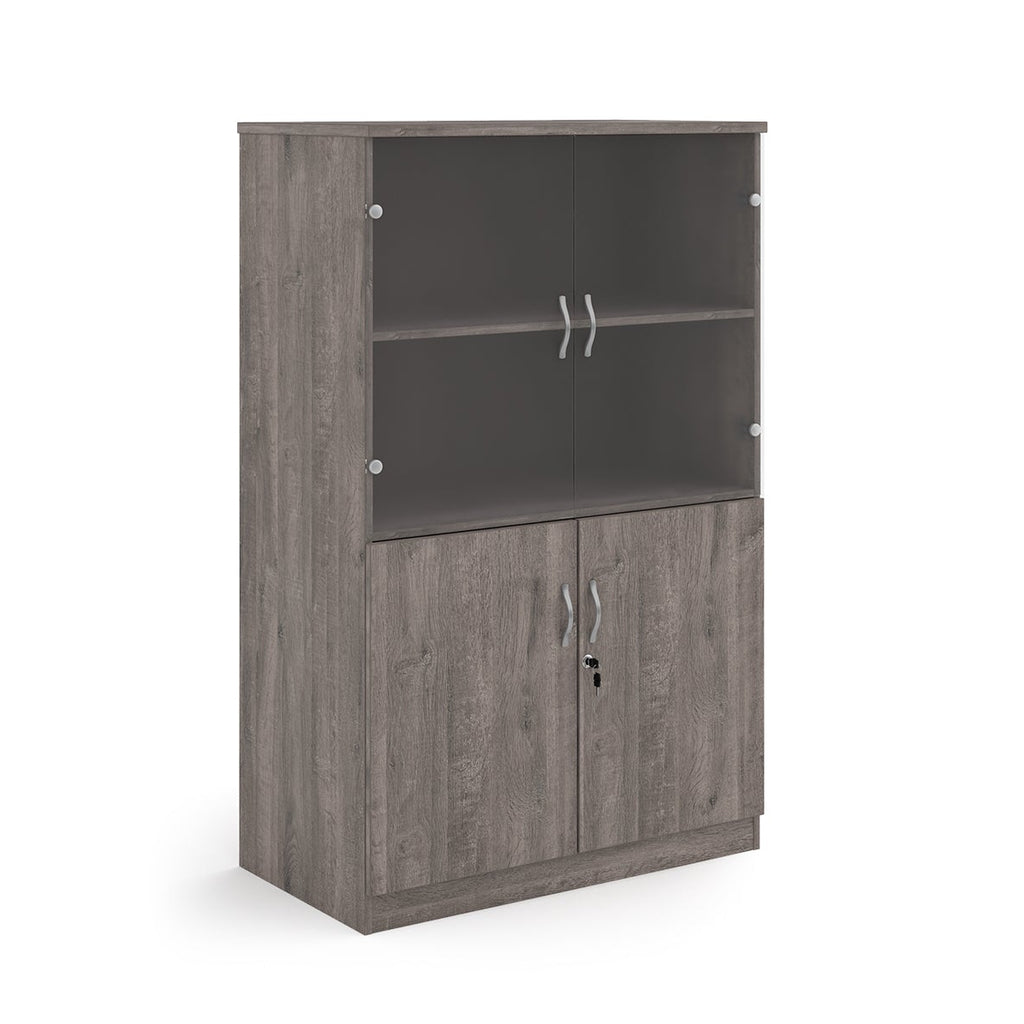A grey wood grain office bookcase with two lower cabinet doors, one open upper shelf, and two small wall-mount hooks on the back panel, shown on a white background.