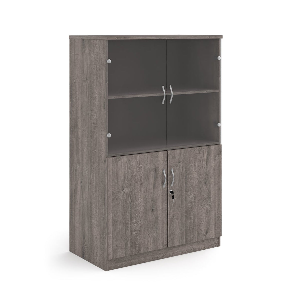 A grey wood grain office bookcase with two lower cabinet doors, one open upper shelf, and two small wall-mount hooks on the back panel, shown on a white background.