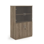 A grey/brown wood grain office bookcase with two lower cabinet doors, one open upper shelf, and two small wall-mount hooks on the back panel, shown on a white background.