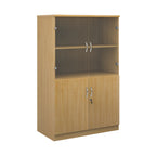 A light oak wood grain office bookcase with two lower cabinet doors, one open upper shelf, and two small wall-mount hooks on the back panel, shown on a white background.