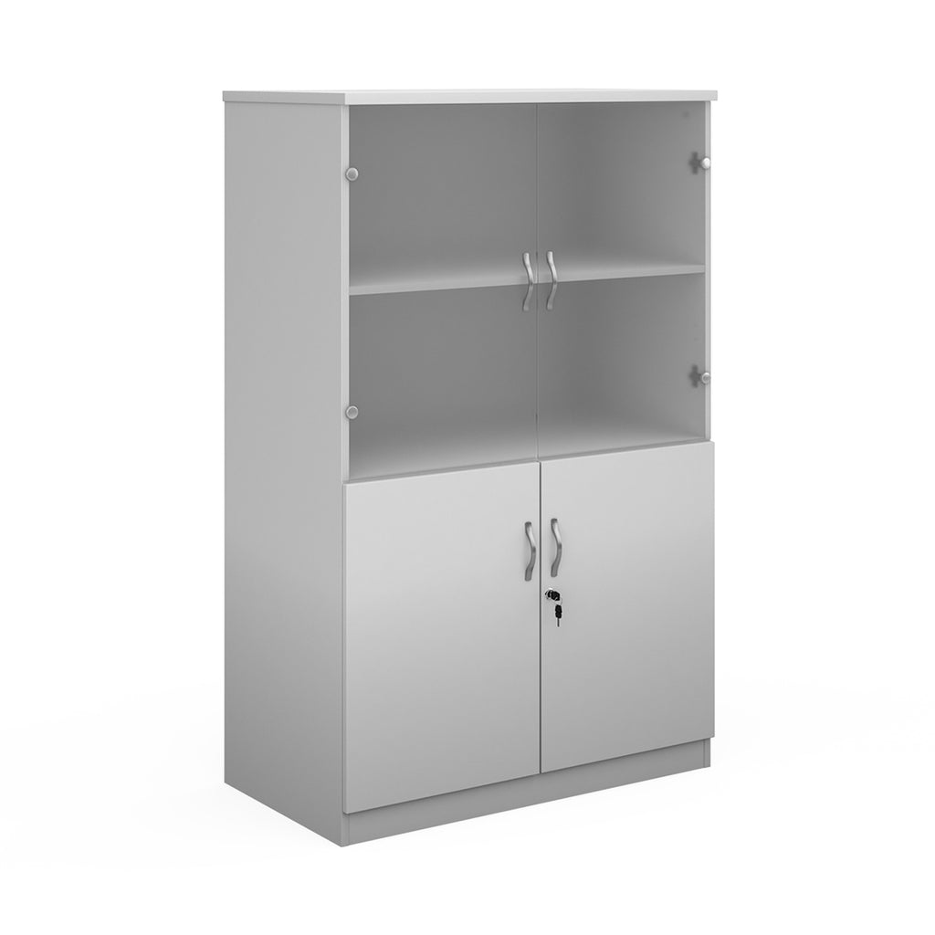 White office bookcase with two lower cabinet doors, one open upper shelf, and two small wall-mount hooks on the back panel, shown on a white background.