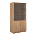 Beech wood grain office bookcase with two lower cabinet doors, one open upper shelf, and two small wall-mount hooks on the back panel, shown on a white background.