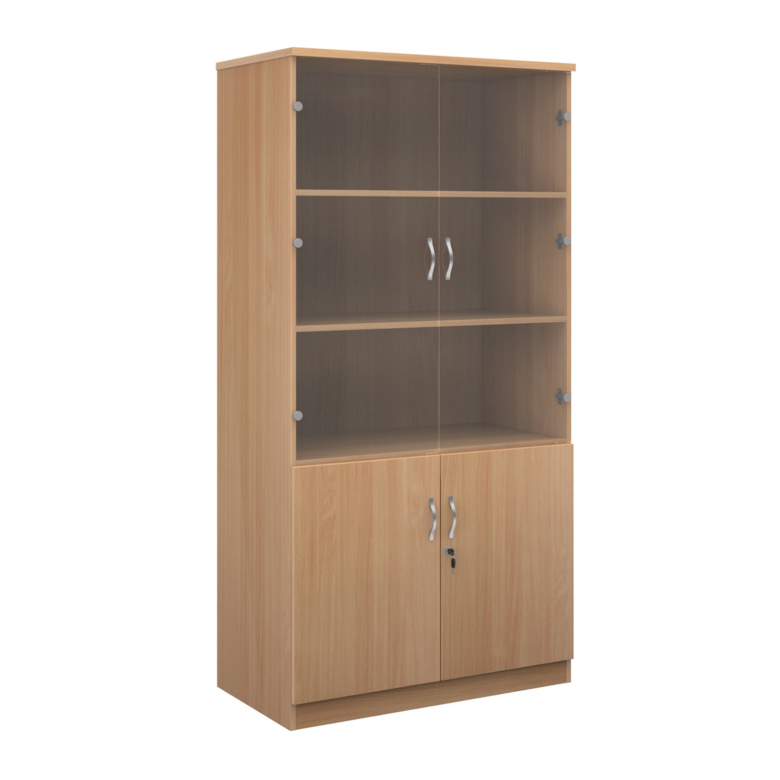 Beech wood grain office bookcase with two lower cabinet doors, one open upper shelf, and two small wall-mount hooks on the back panel, shown on a white background.