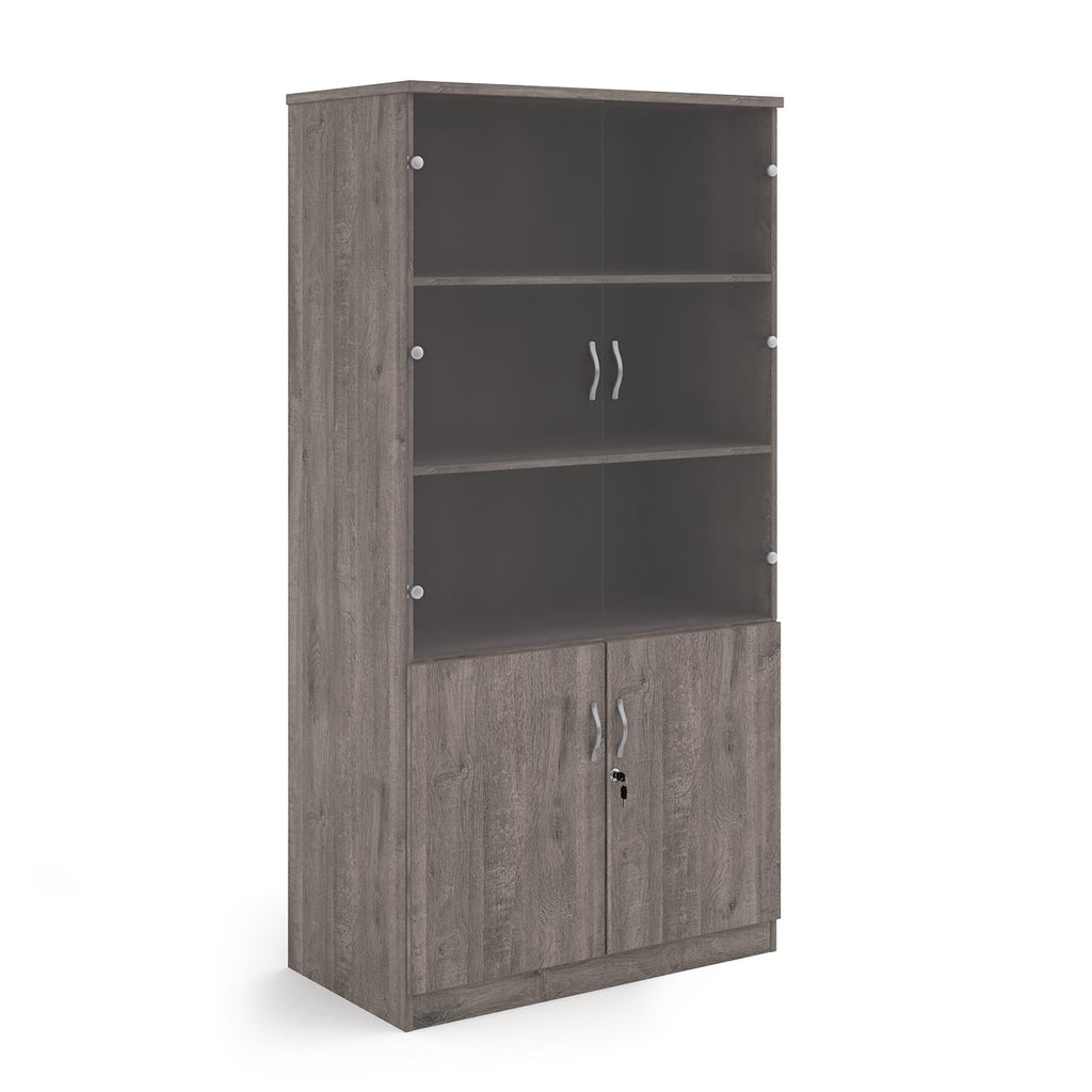 A grey wood grain office bookcase with two lower cabinet doors, one open upper shelf, and two small wall-mount hooks on the back panel, shown on a white background.
