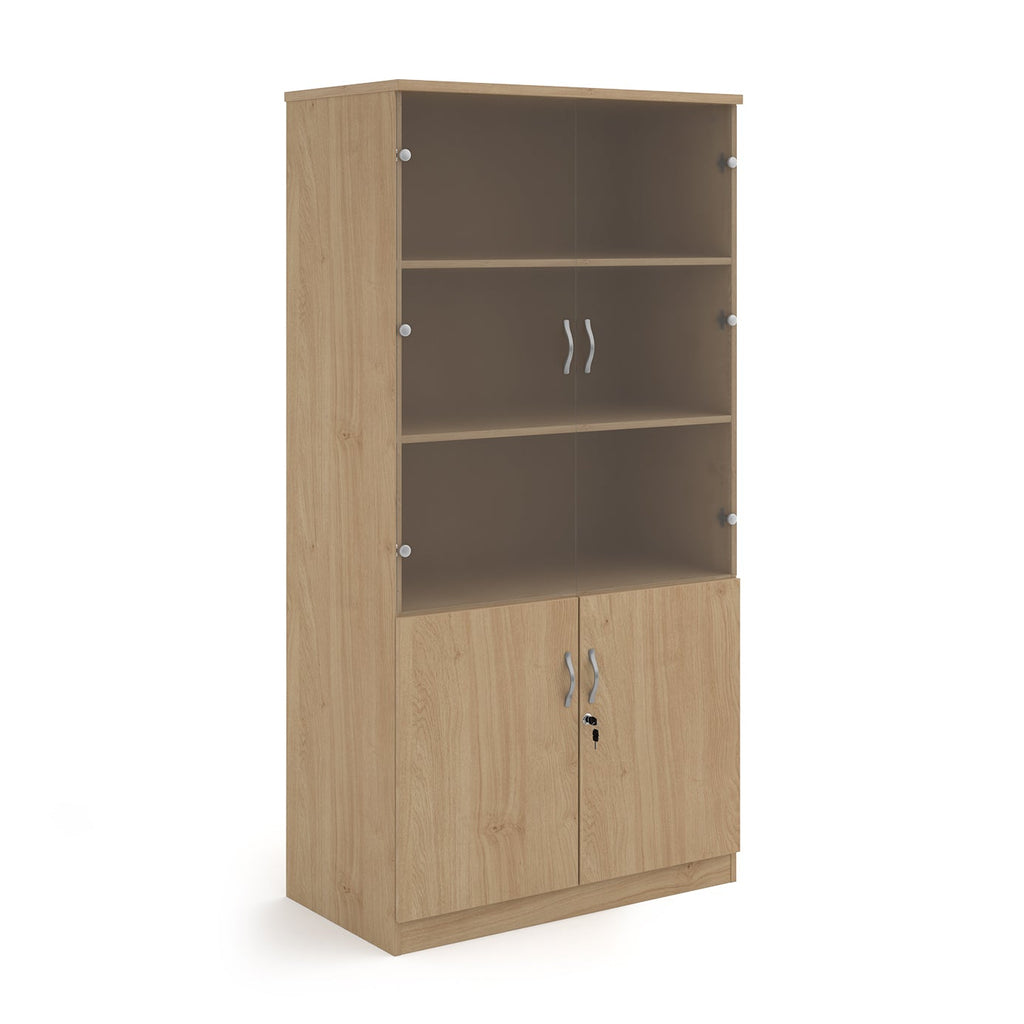 A light oak wood grain office bookcase with two lower cabinet doors, one open upper shelf, and two small wall-mount hooks on the back panel, shown on a white background.