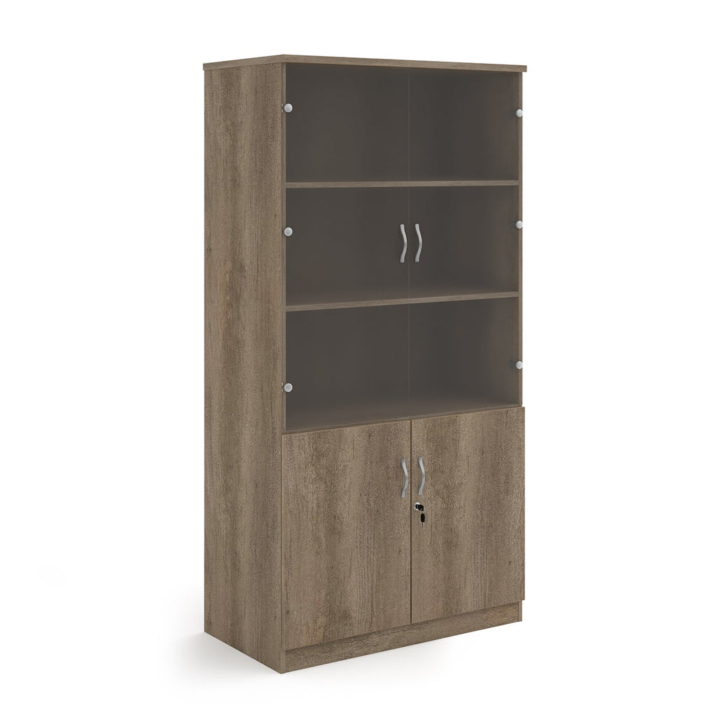 A grey/brown wood grain office bookcase with two lower cabinet doors, one open upper shelf, and two small wall-mount hooks on the back panel, shown on a white background.