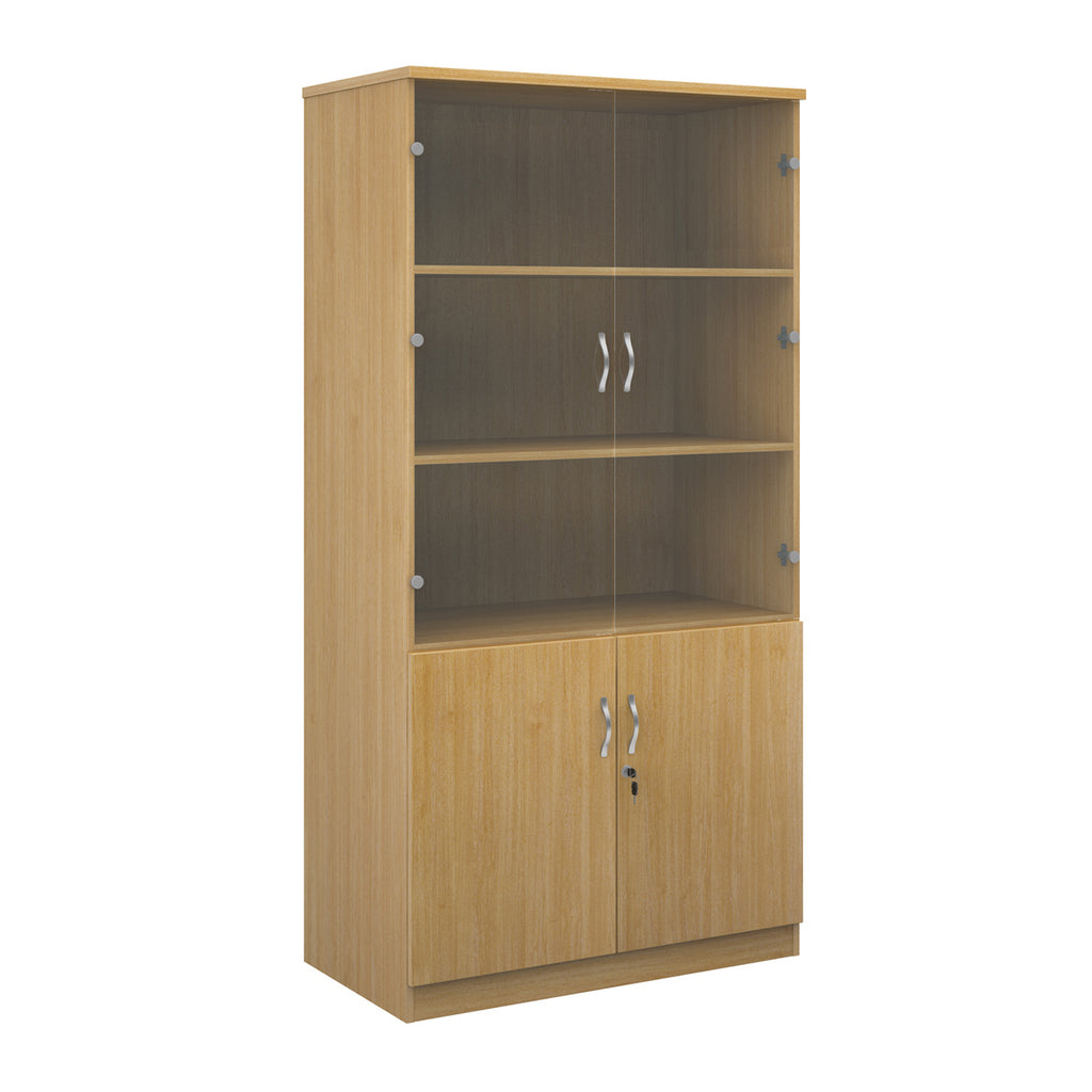 A light oak wood grain office bookcase with two lower cabinet doors, one open upper shelf, and two small wall-mount hooks on the back panel, shown on a white background.