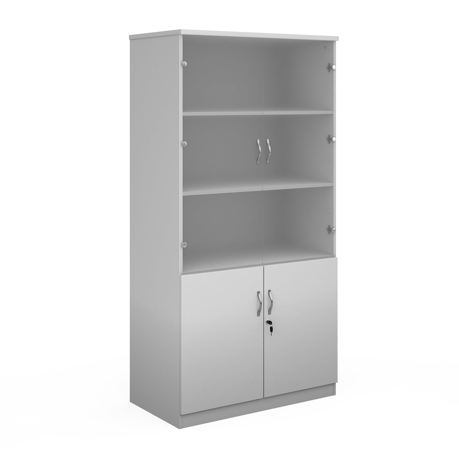 White office bookcase with two lower cabinet doors, one open upper shelf, and two small wall-mount hooks on the back panel, shown on a white background.