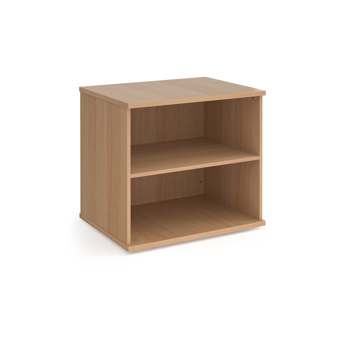 Beech wood grain bookshelf with one shelf on a white background