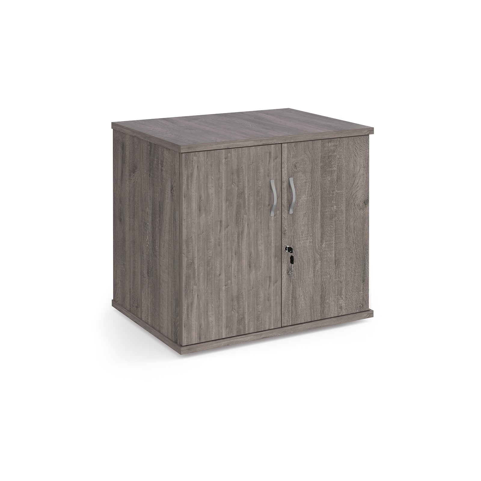 Grey wood grain two door cupboard on a white background