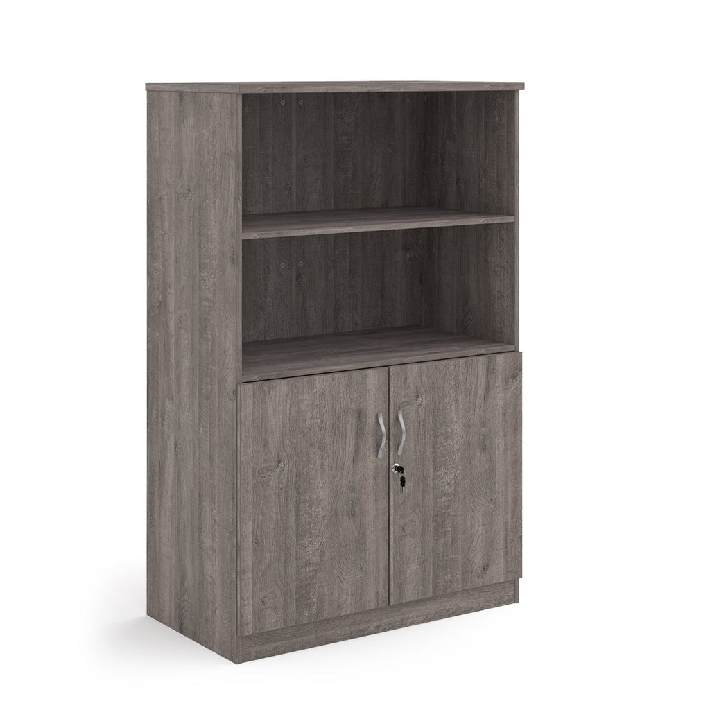 Cupboard and bookcase combination unit with 2 shelves and two doors, grey wood-effect finish, shown on a white background