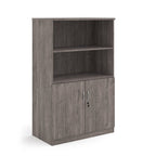 Cupboard and bookcase combination unit with 2 shelves and two doors, grey wood-effect finish, shown on a white background
