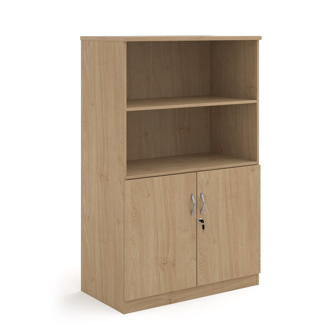 Cupboard and bookcase combination unit with 2 shelves and two doors, wood-effect finish, shown on a white background