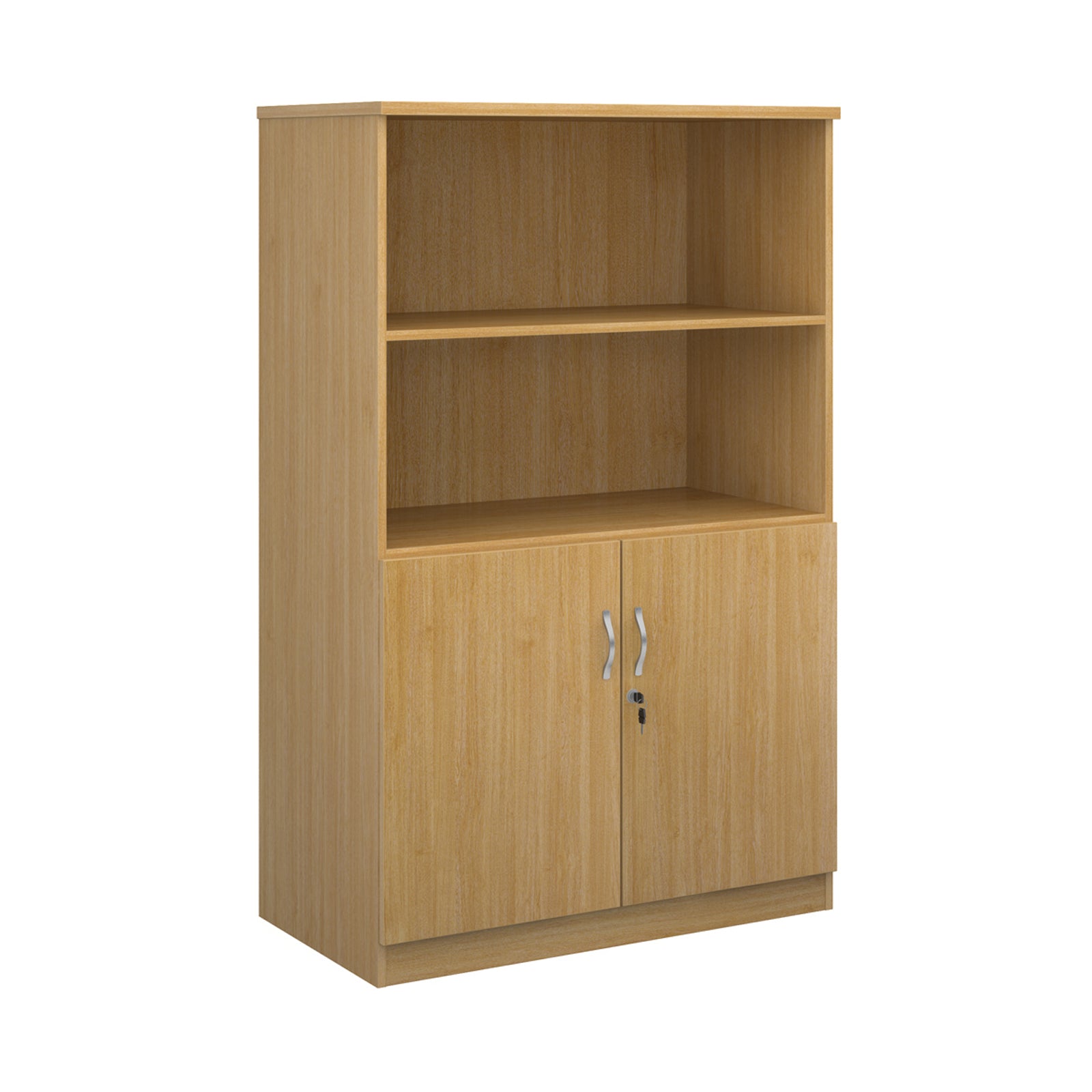 Cupboard and bookcase combination unit with 2 shelves and two doors, wood-effect finish, shown on a white background