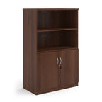 Cupboard and bookcase combination unit with 2 shelves and two doors, wood-effect finish, shown on a white background