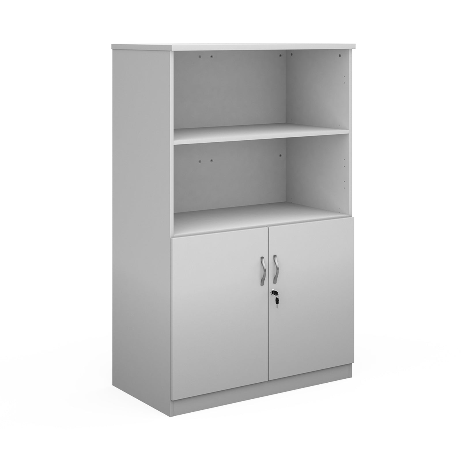 White cupboard and bookcase combination unit with 2 shelves and two doors, shown on a white background