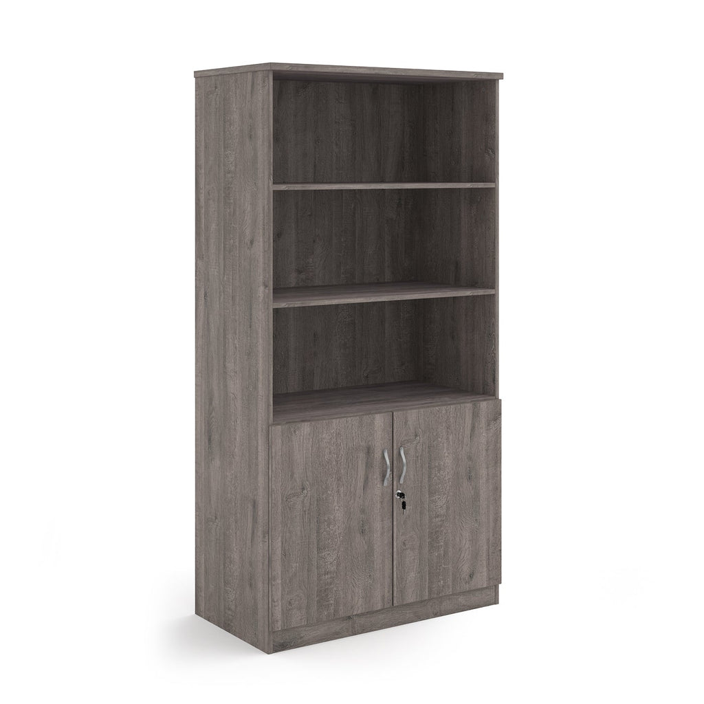Cupboard and bookcase combination unit with 3 shelves and two doors, grey wood-effect finish, shown on a white background