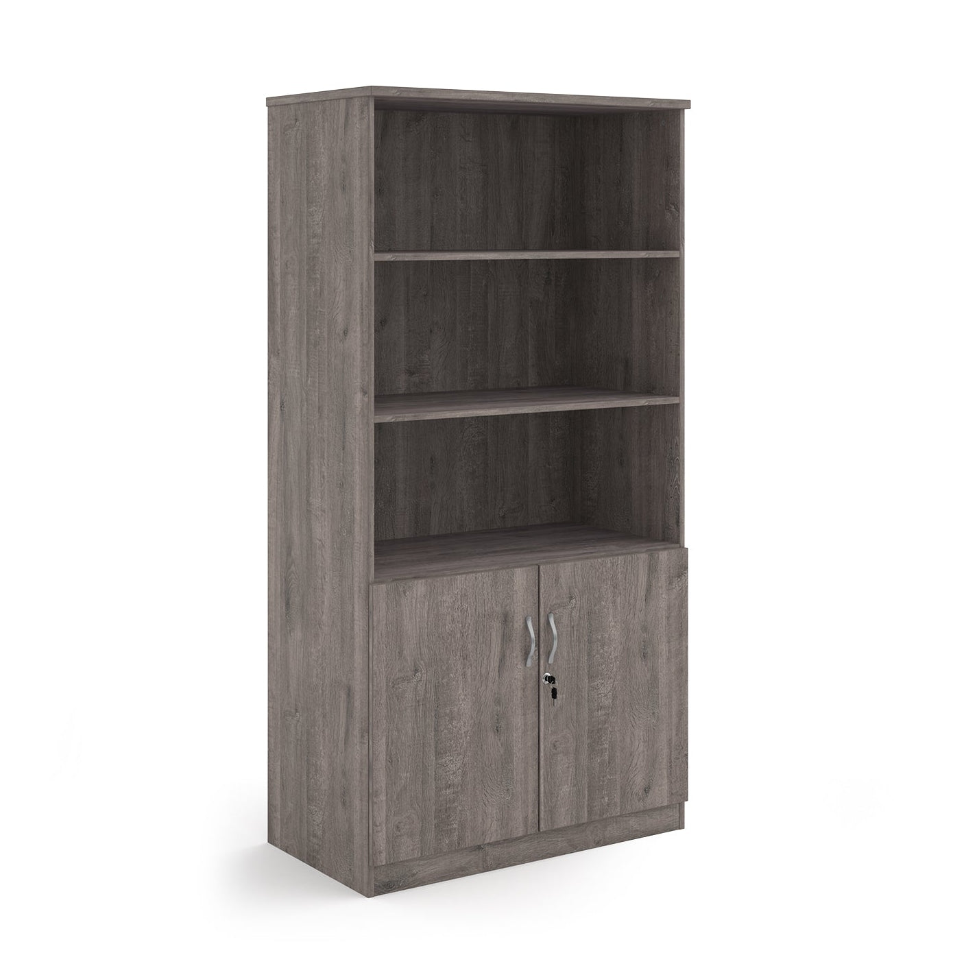 Cupboard and bookcase combination unit with 3 shelves and two doors, grey wood-effect finish, shown on a white background