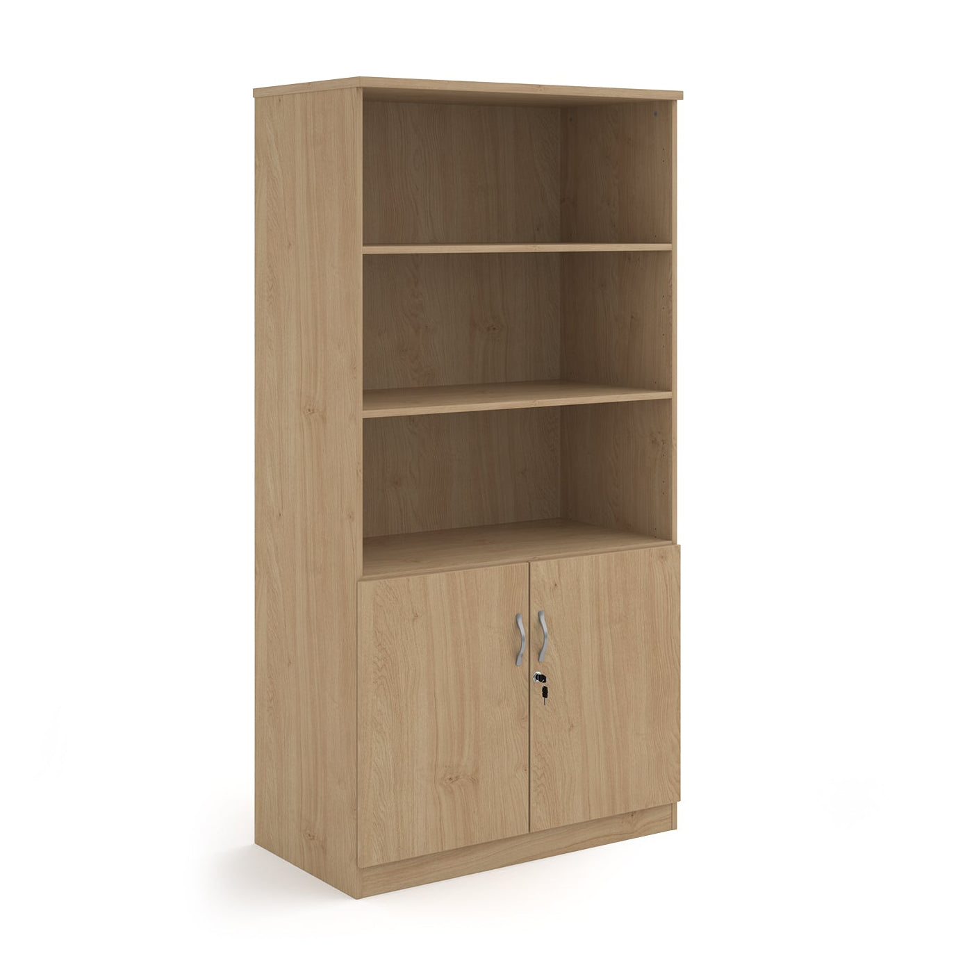 Cupboard and bookcase combination unit with 3 shelves and two doors, wood-effect finish, shown on a white background