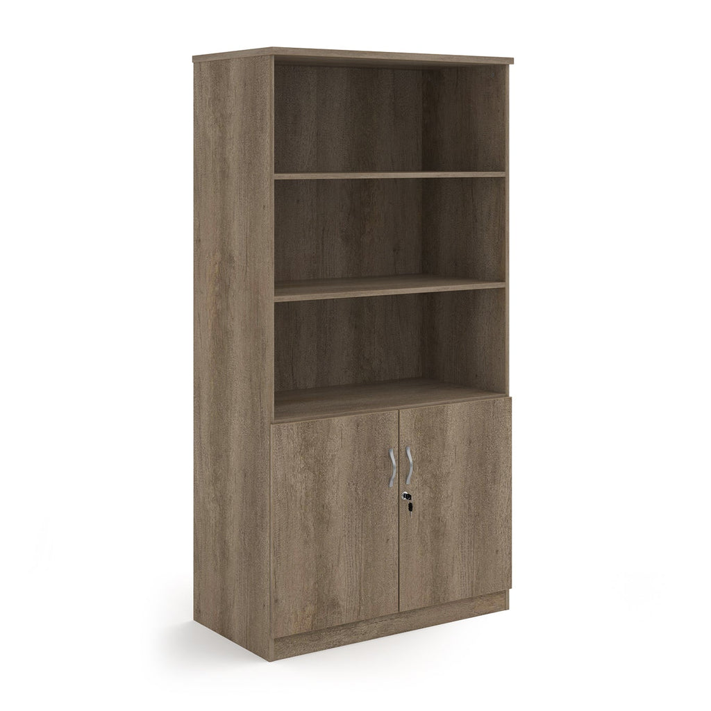 Cupboard and bookcase combination unit with 3 shelves and two doors, wood-effect finish, shown on a white background