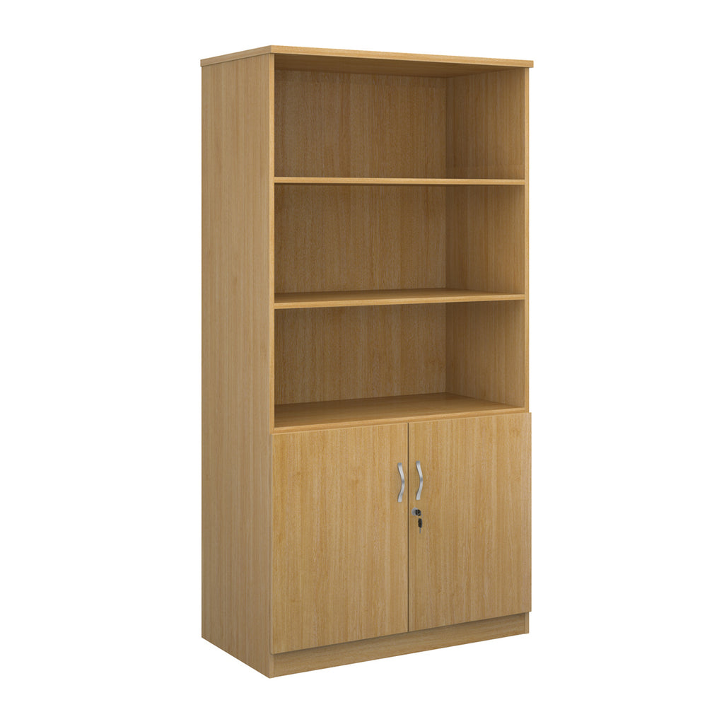 Cupboard and bookcase combination unit with 3 shelves and two doors, wood-effect finish, shown on a white background