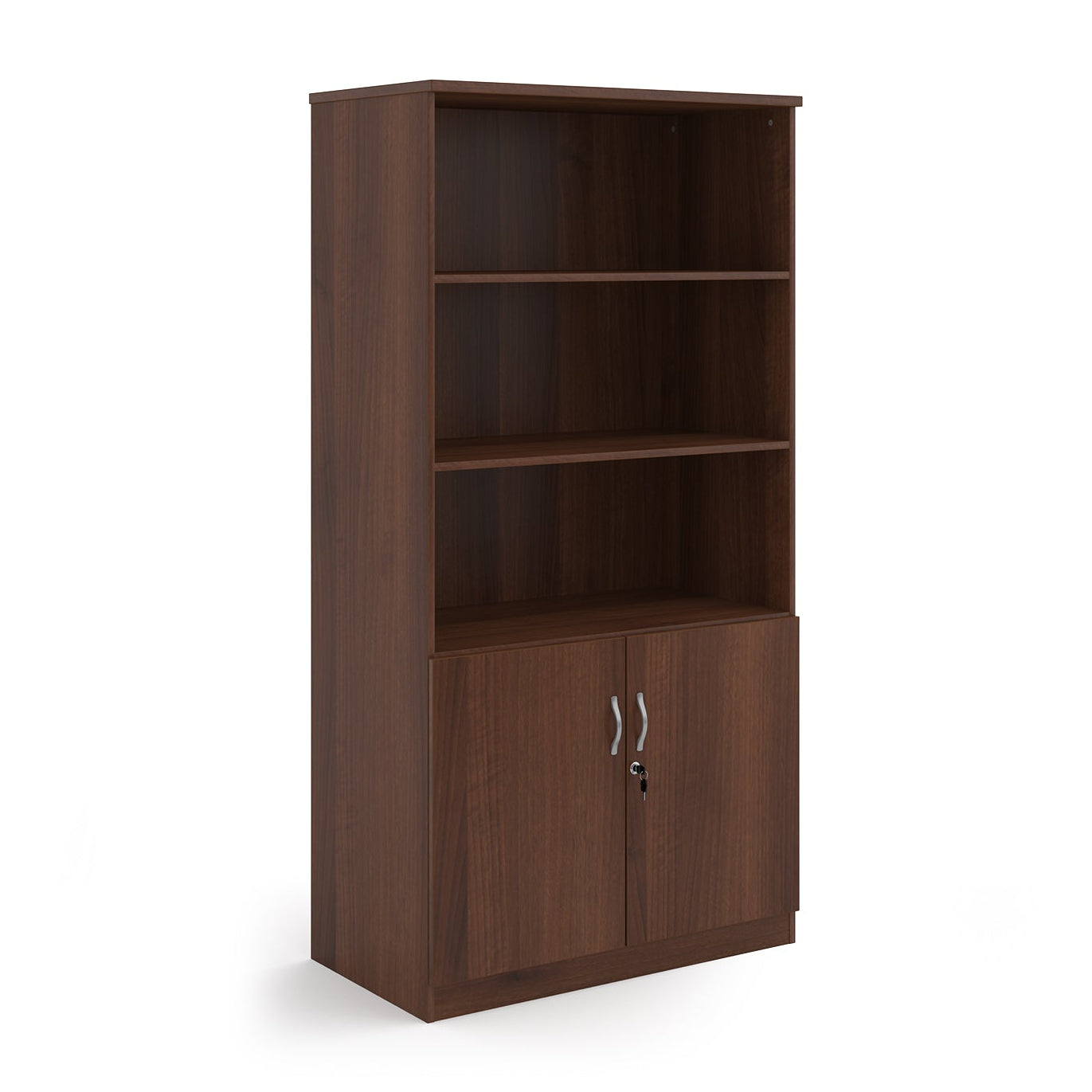 Cupboard and bookcase combination unit with 3 shelves and two doors, wood-effect finish, shown on a white background