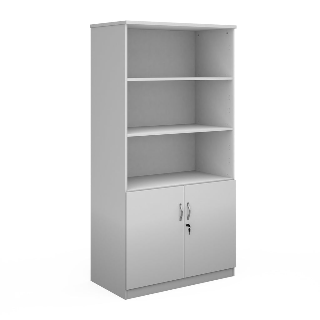 White cupboard and bookcase combination unit with 3 shelves and two doors, shown on a white background