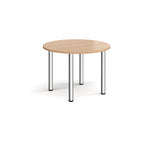 Round wooden table with metal legs on a white background