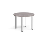Round table with wooden top and metal legs on a white background