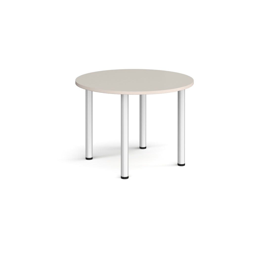 Round table with white surface and silver legs on a white background