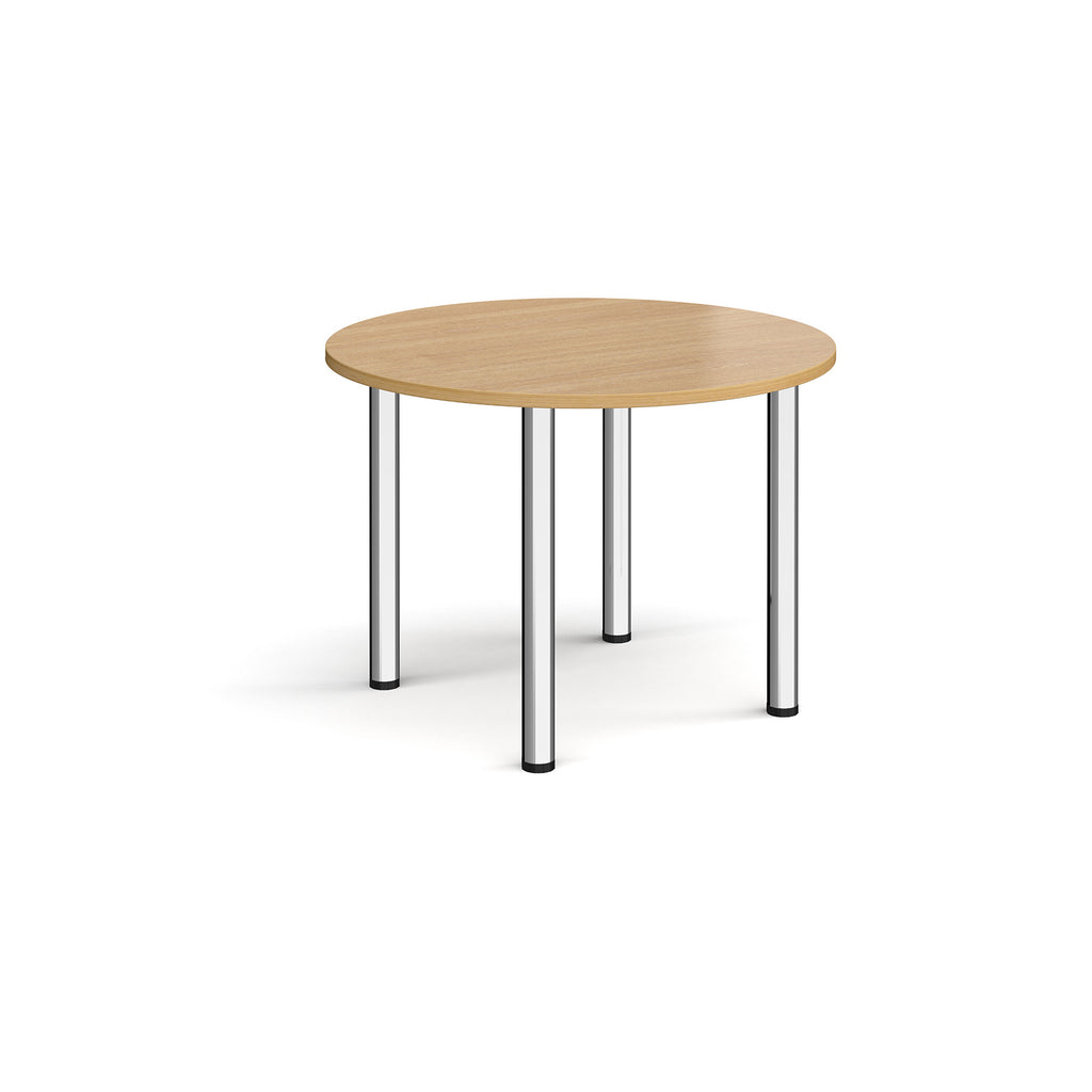Round wooden table with metal legs on a white background