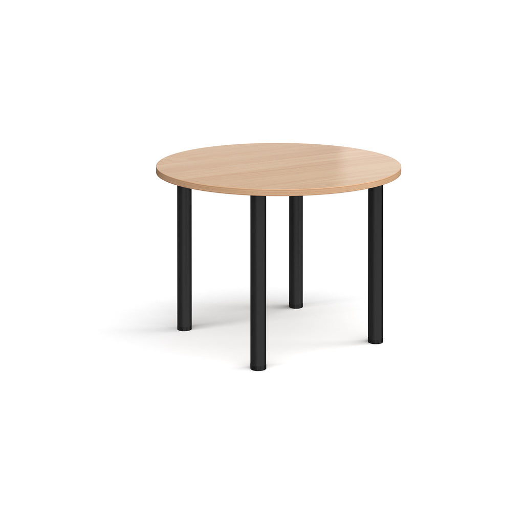 Round wooden table with black legs on a white background